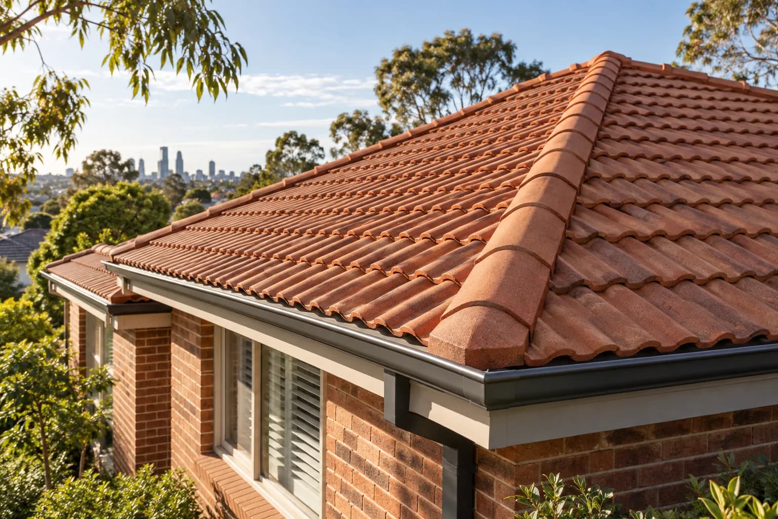 Close architectural view of a terracotta tiled roof and ridge on a modest Australian brick home, soft daylight, no worker or before-and-after treatment